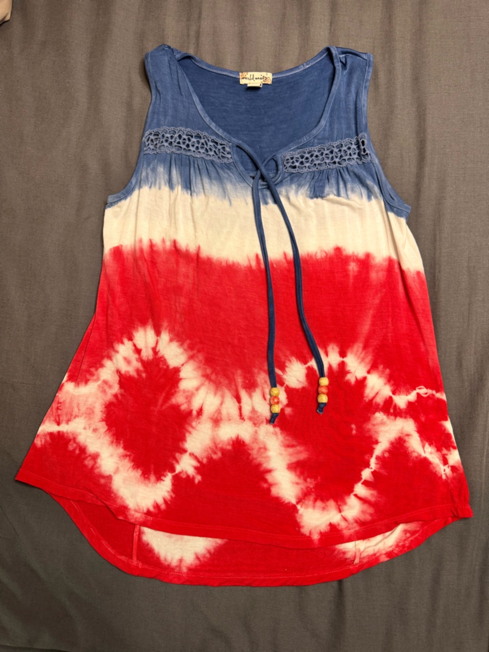 World Unity tie-dye tank top scoop neck with crochet lace detail Size Small